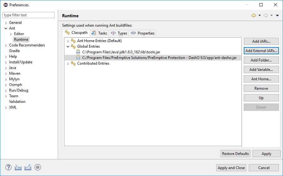 Completed view of Eclipse's Ant Runtime configuration