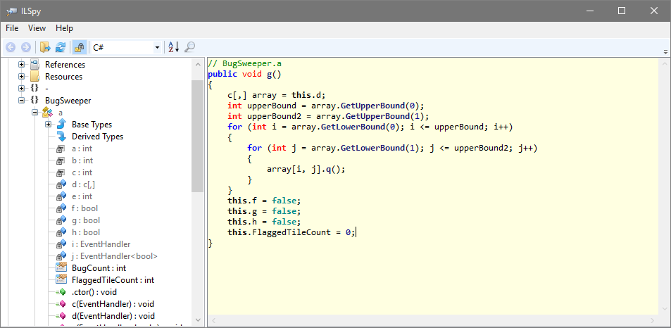 ILSpy showing protected code decompiled to C# with renamed symbols
