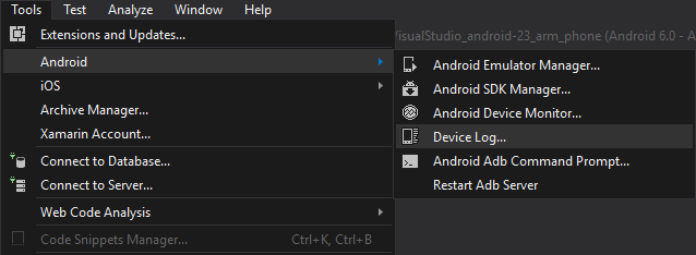 Visual Studio tools menu, showing Android Device Log option
