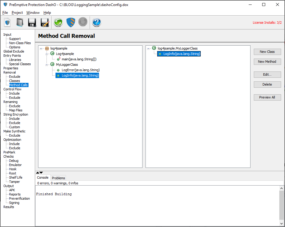 Remove Log4J calls with DashO’s Method Call Removal 3 Graphical user interface, text, application
Description automatically generated